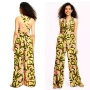 Aguabendita Target yellow tropical floral tie sash open back jumpsuit, XS.